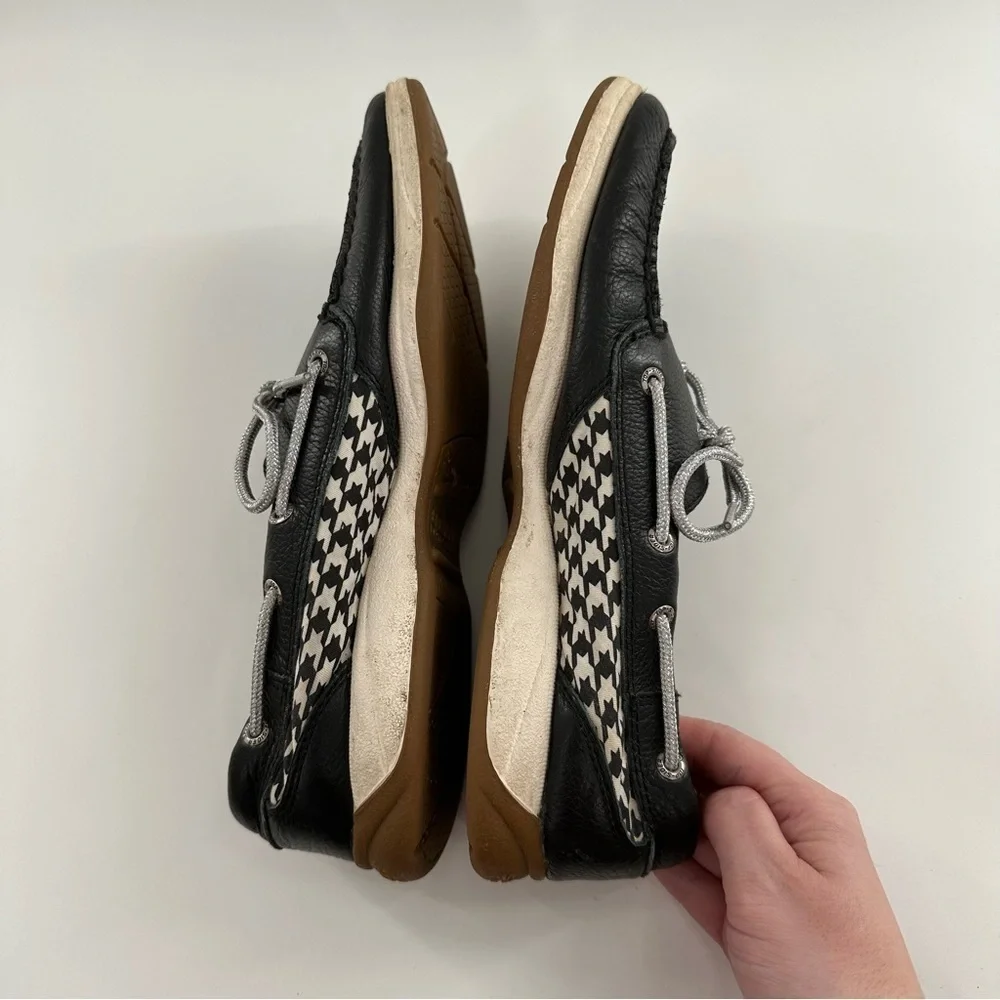 Sperry womens flats size 9.5 navy silver leather houndstooth preppy Boatshoes